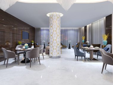 Otelde çeşitli mobilya ve beyaz sütunlar üzerinde bir mozaik desenleri ve gizli tavan ışık ile modern akşam restoran. 3D render.