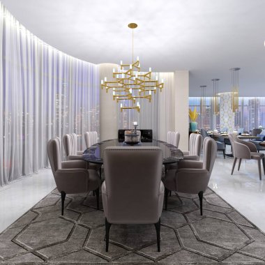 Büyük bir cam masa ile siyah bir tabloyla sekiz kişi için otelde yemek masası. Büyük ve yumuşak rahat sandalyeler ve büyük bir panoramik pencere yakınındaki altın bir avize. 3D render.