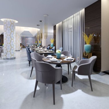 Mavi ve bej ile akşam aydınlatmada lüks modern restoran sandalye ve tablolar koydu. Beyaz bir mozaik döşeme sütunlar. Altın kaplama kolye ışıklar. 3D render.