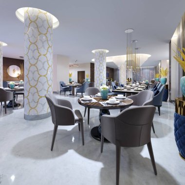 Mavi ve bej ile akşam aydınlatmada lüks modern restoran sandalye ve tablolar koydu. Beyaz bir mozaik döşeme sütunlar. Altın kaplama kolye ışıklar. 3D render.