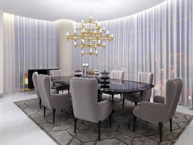 Büyük bir cam masa ile siyah bir tabloyla sekiz kişi için otelde yemek masası. Büyük ve yumuşak rahat sandalyeler ve büyük bir panoramik pencere yakınındaki altın bir avize. 3D render.