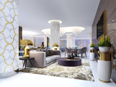 Otel, lüks koltuk altın lambalar ve sehpa ile birlikte yan tablolarla iki koltuk ile resepsiyon ve lounge alanı. 3D render 
