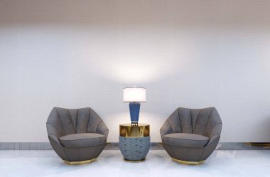 İki modern sandalye boş bir duvar tasarımcı bir masa ve bir masa lambası arka planı. mockup duvar. 3D render