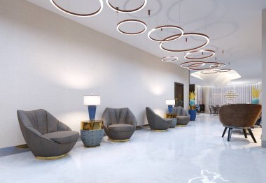 Bir resepsiyon alanı ve büyük döşemeli tasarımcı sandalye ve altın yüzük büyük bir avize modern bir otel. 3D render.
