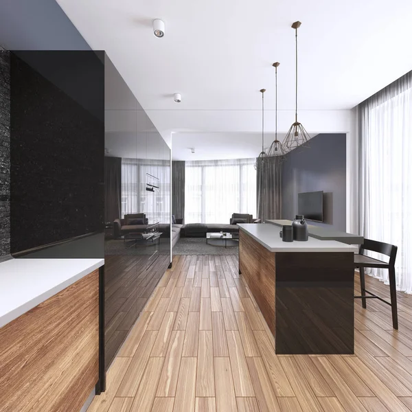 Modern kitchen with black furniture and wooden floor. 3d rendering