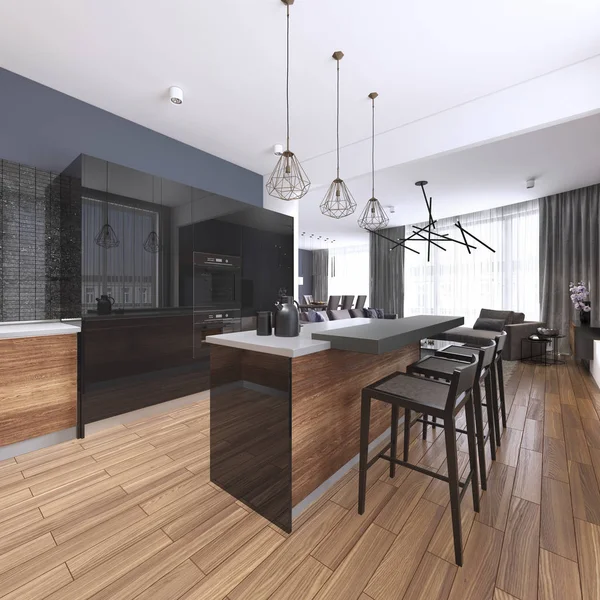 Interior Casa Luxo Bela Cozinha Com Armários Shaker Personalizado Preto — Fotografia de Stock