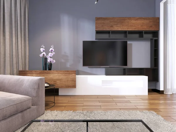 TV storage with shelves in modern living room with corner big sofa and coffee table and carpet. 3d rendering
