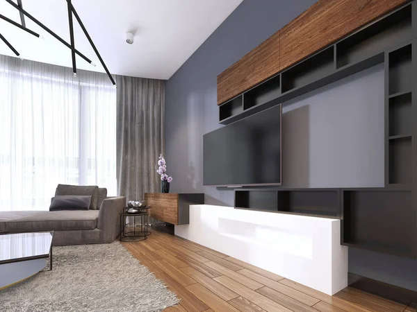 TV storage with shelves in modern living room with corner big sofa and coffee table and carpet. 3d rendering