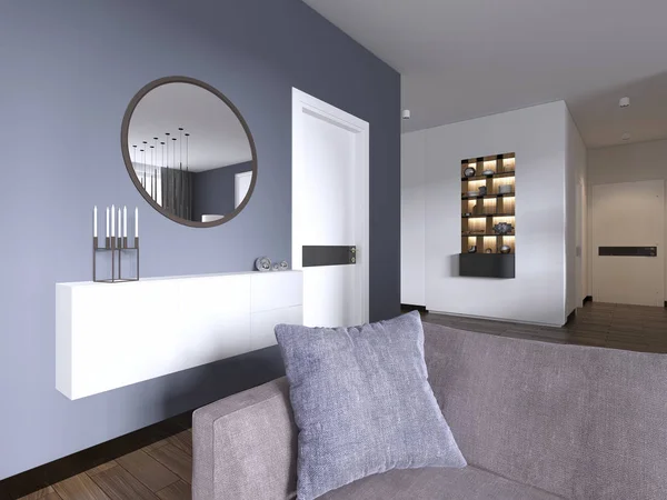 Bir Ayna Oturma Odası Modern Tarzı Ile Beyaz Asılı Konsol — Stok fotoğraf