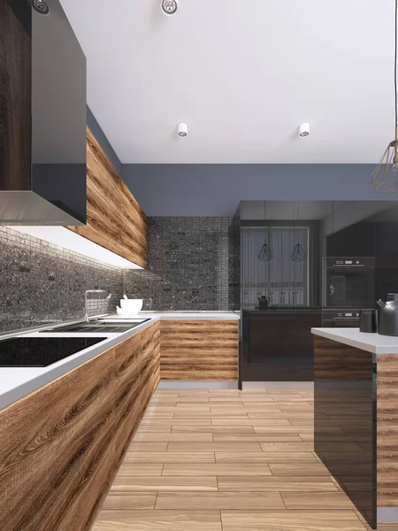 Cucina Moderna Con Mobili Neri Pavimento Legno Rendering — Foto Stock