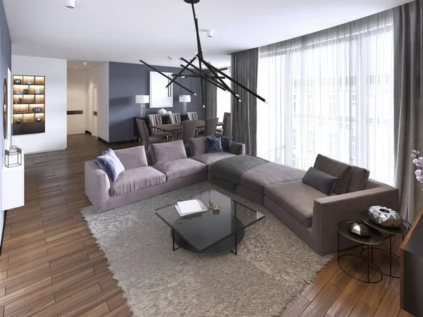 Chic living room filled with built-in cabinets, violet corner sofa, soft sofa facing two low tables and window wall. Contemporary style. 3d rendering.