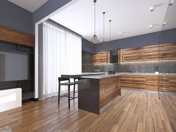 Modern kitchen with black furniture and wooden floor. 3d rendering