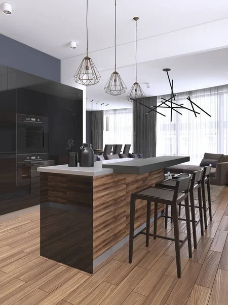 Vista Lateral Interior Cocina Oscura Con Suelo Madera Soporte Bar — Foto de Stock