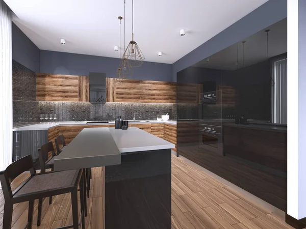 Dapur Modern Minimalistik Dengan Pemasangan Kayu Kontemporer Jendela Panorama Desain — Stok Foto