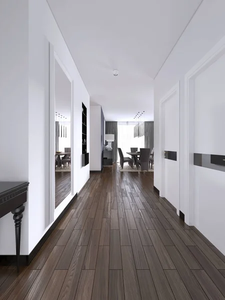 Hallway corridor in bright white colors with doors and built-in true niche with shelves and decor. 3d rendering.