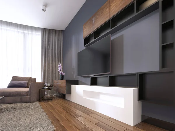 Unit Contemporary Living Room Corner Fabric Big Sofa Windows Tulle — Stock Photo, Image