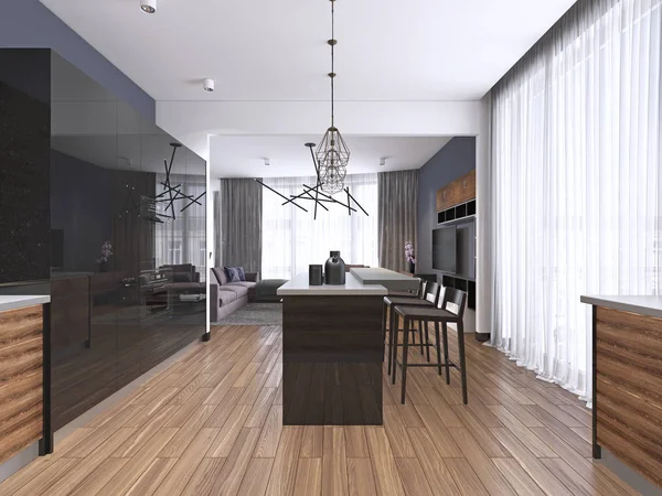 Modern Minimalistic Kitchen Contemporary Wood Fittings Panoramic Window Luxury Interior — Stock Photo, Image
