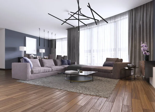 现代大客厅在一个新的公寓 一个大沙发和用餐区 — 图库照片