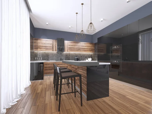 Modern kitchen with wood and gloss black kitchen cabinets, kitchen island with bar stools, stone countertops, built-in appliances. 3d rendering