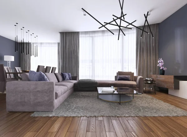 大きなソファとダイニング エリアの新しいアパートで現代的な広いリビング ルーム レンダリング — ストック写真