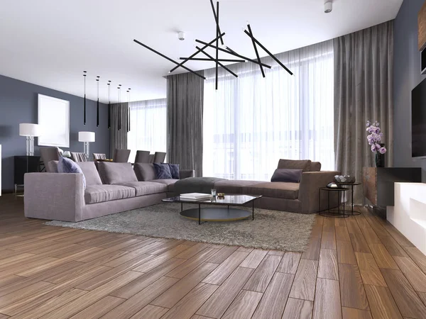 堅木張りの床および新しい高級住宅で大きなコーナー ソファ バイオレット色の美しいリビング ルーム インテリア 現代的なスタイル レンダリング — ストック写真