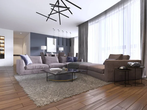 Beautiful living room interior with hardwood floors and large corner sofa violet color in new luxury home. Contemporary style. 3d rendering.