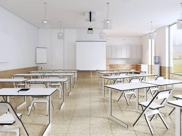 Aula Escuela Vacía Moderna Interior Color Blanco Renderizado —  Fotos de Stock