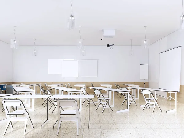 Sala Aula Moderna Escola Vazia Interior Cor Branca Renderização — Fotografia de Stock