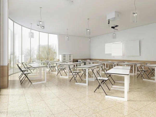 Moderna Klassrummet Med Stora Panoramafönster Och Vita Skrivbord Ljus Interiör — Stockfoto