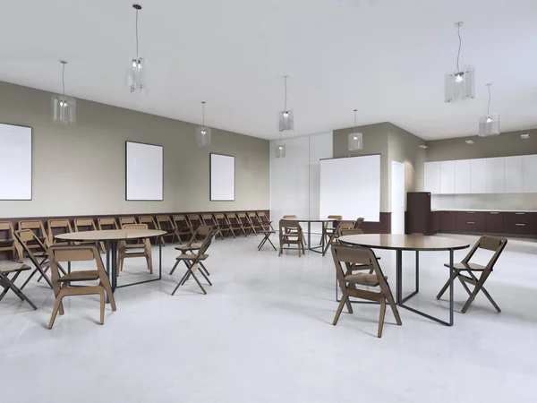 Moderna Sala Entrenamiento Con Muebles Marrones Paredes Olivo Renderizado — Foto de Stock