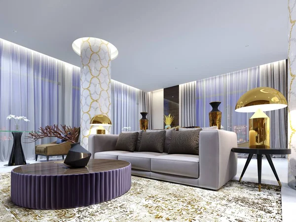 Hotel Luxus Kanapé Két Fotel Lámpák Arany Dohányzóasztal Kisasztalok Recepció — Stock Fotó