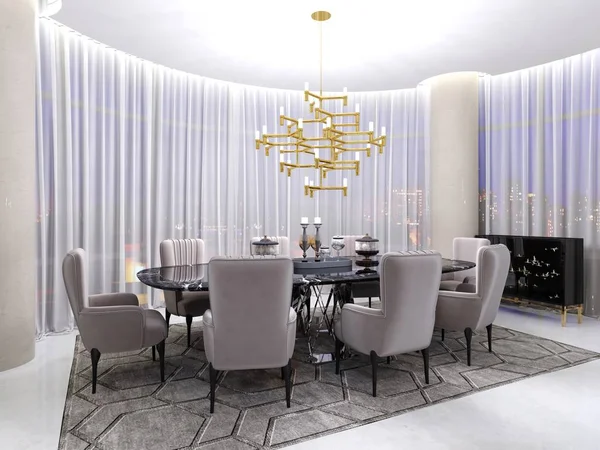 Art deco Oda müzakereleri, bir masa ve sekiz kişi ve büyük bir lüks ofis koltukları için altın yaldızlı avize ve büyük panoramik pencereler ve tül. 3D render