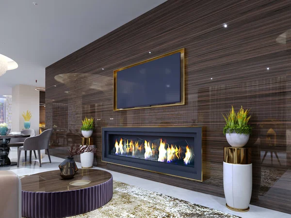 豪华的现代壁炉在酒店 在一个舒适的等候区 木墙与内置的电视和壁炉 用代表花盆和燃烧的火 电视单位 — 图库照片