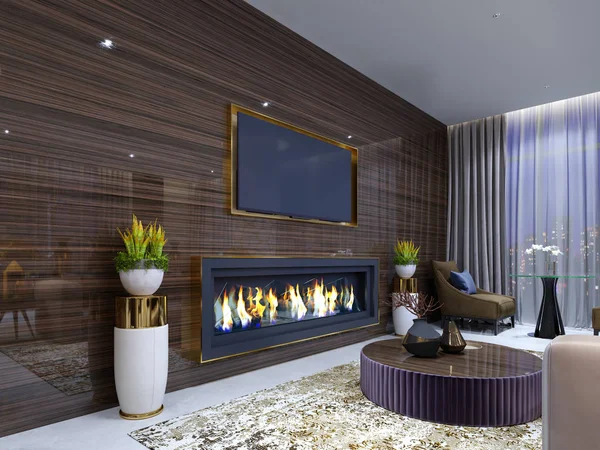 Luxurious Modern Fireplace Hotel Cozy Waiting Area Wooden Wall Built — Stock Photo, Image
