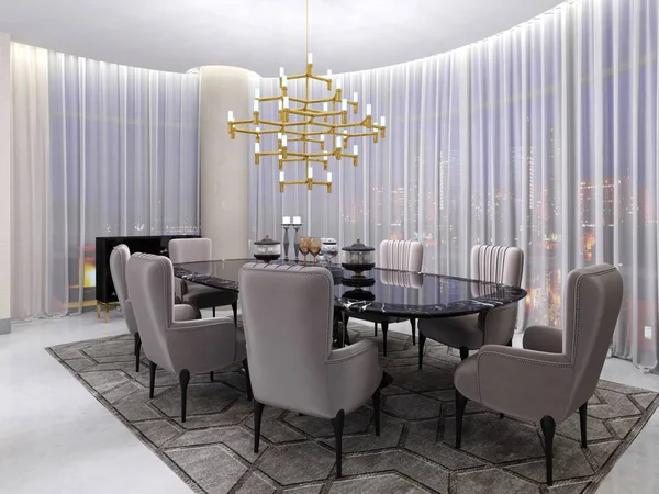 Large dining table in the hotel for eight people with a black table with a glass tabletop. Large and soft comfortable chairs and a golden chandelier near a large panoramic window. 3d rendering.