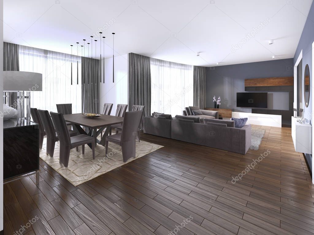 contemporary studio apartment and kitchen in open space modern interior. 3d rendering