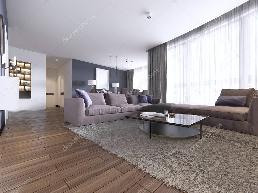 Colorful modern apartments with big corner sofa and TV storage and long-transparent curtains. 3d rendering.