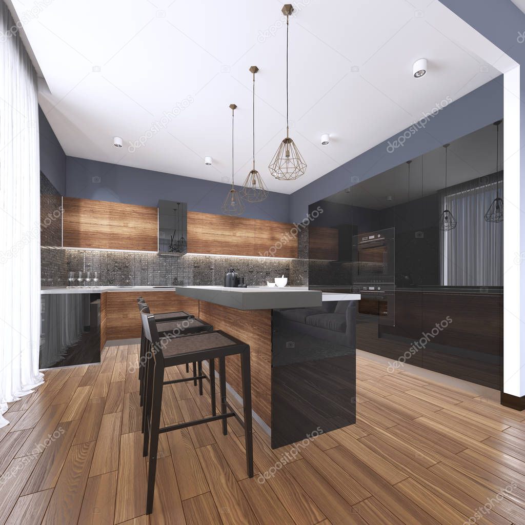Luxury home interior beautiful kitchen with custom black and wood shaker cabinets, endless marble topped island with brown leather stools over wide planked hardwood floor. 3d rendering