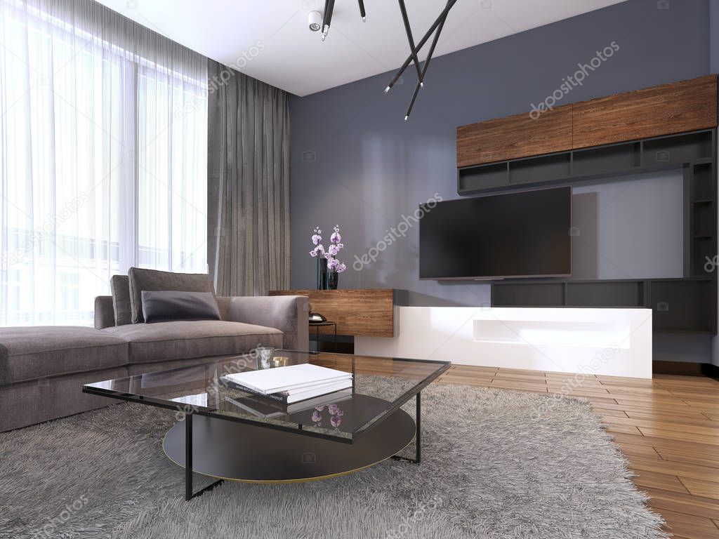 TV unit in contemporary living room with corner fabric big sofa and windows with tulle. 3d rendering