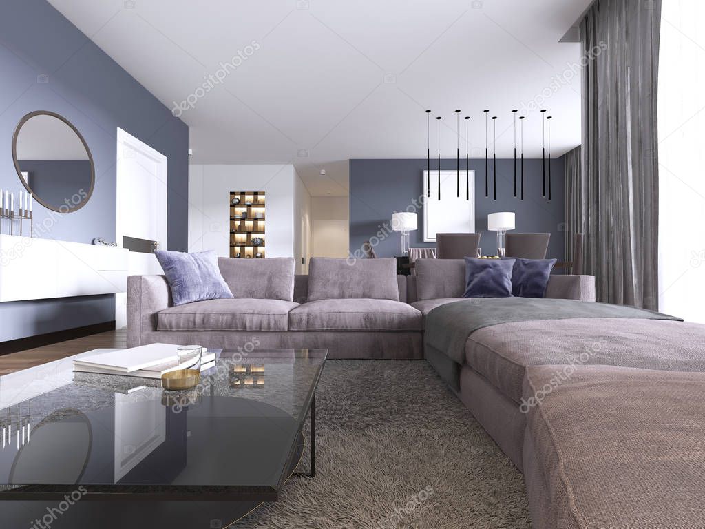 Contemporary large living room in a new apartment with a large sofa and dining area. 3d rendering.