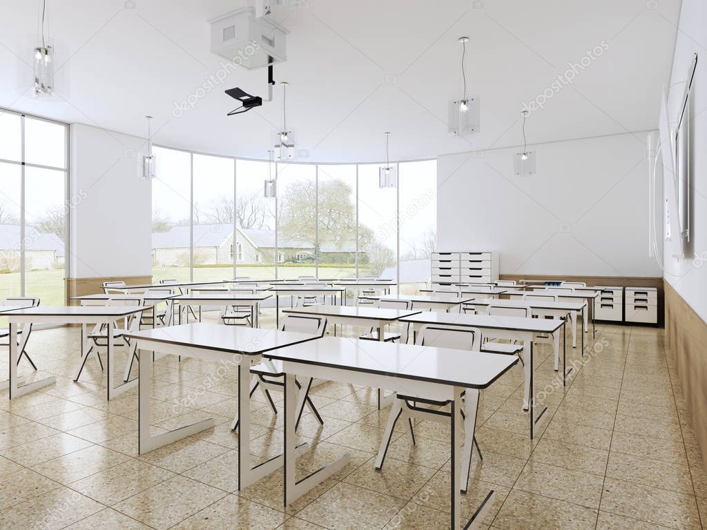Modern classroom with large panoramic windows and white desks, bright interior. 3d rendering