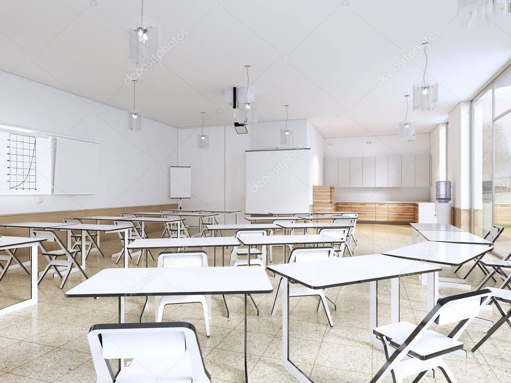Modern classroom with large panoramic windows and white desks, bright interior. 3d rendering