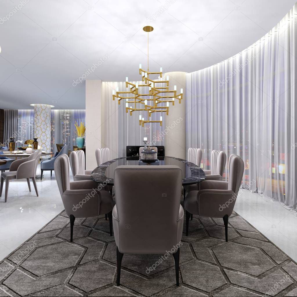 Large dining table in the hotel for eight people with a black table with a glass tabletop. Large and soft comfortable chairs and a golden chandelier near a large panoramic window. 3d rendering.