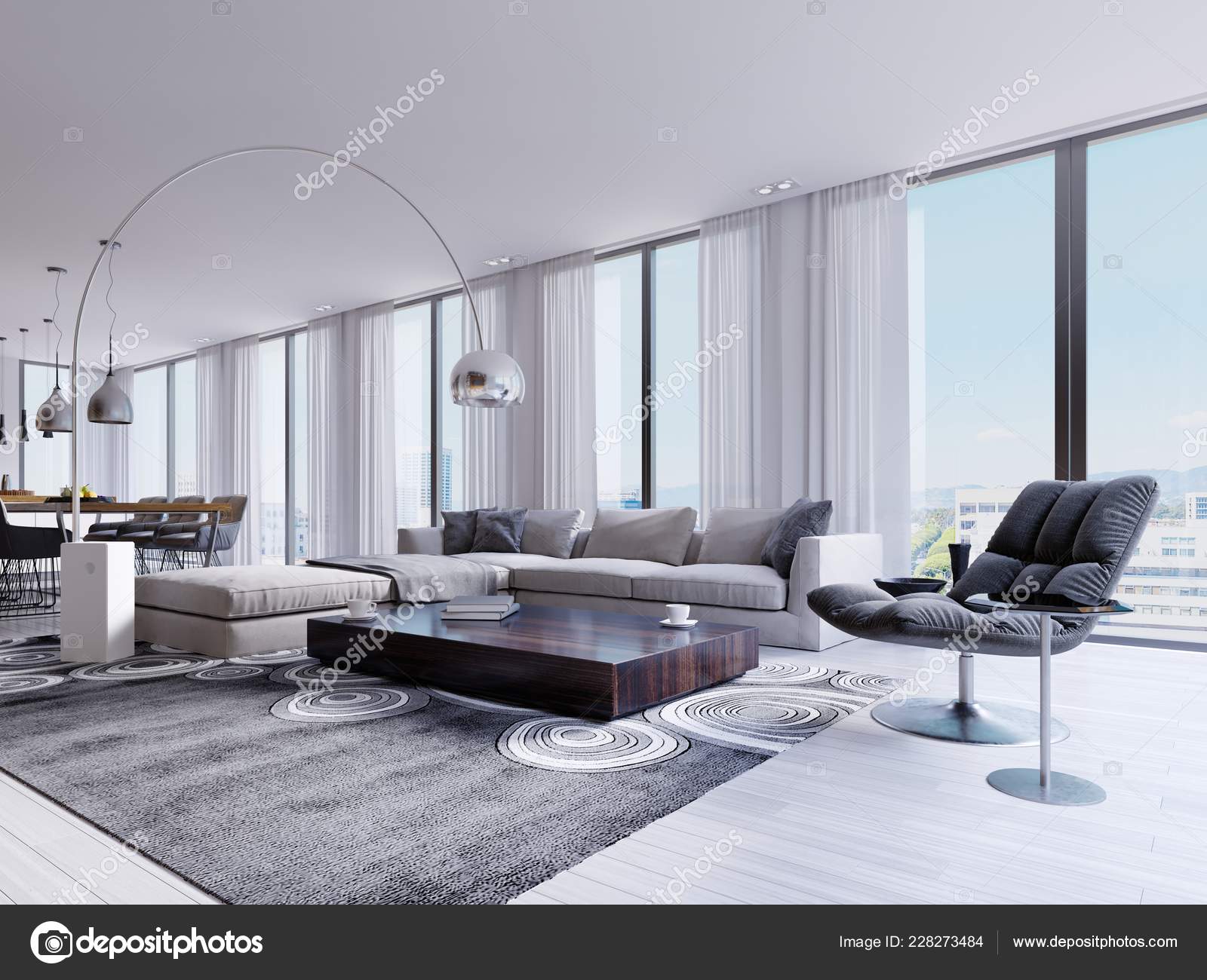 Modern Living Room Huge Windows Designer Armchair Dining Table Rendering Stock Photo Image By C Kuprin33 228273484