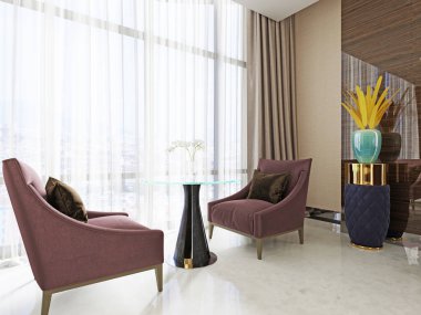 güzel bir otel iç salonları ile alan bekliyor. İki yumuşak sandalye ve bir tablo. 3D render