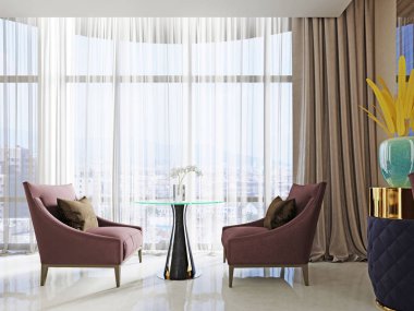 güzel bir otel iç salonları ile alan bekliyor. İki yumuşak sandalye ve bir tablo. 3D render