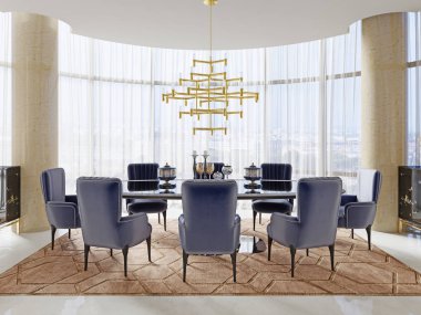 Art deco tarzında büyük ve lüks yumuşak sandalyeler ile bir toplantı odası. 3D render.