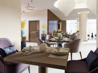 Otel lüks restoranda yumuşak koltuk modern bir iç tasarıma sahiptir ve tabloları hizmet. 3D render