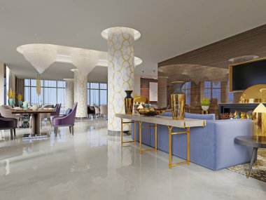 Lobi otel, hafif boşluk dekor, kanepe ve koltuklar ile tablolar ile altın bir konsolla renkler. 3D render
