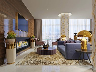 Otel Lobi Kafe iç, şömine ve tv. 3D render